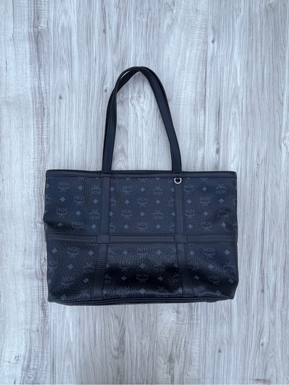 MCM Black Monogram Tote with Leather Trim